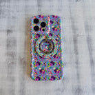 Hummingbird Bliss pattern MagSafe phone grip ring with colorful birds and purple flowers on lavender background compatible with iPhone and Samsung