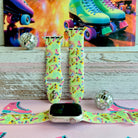 Roller Girl Apple Watch band with colorful roller skates on neon yellow background with disco ball and retro skate decorations