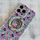 Hummingbird Bliss pattern MagSafe phone grip ring with colorful birds and purple flowers on lavender background compatible with iPhone and Samsung