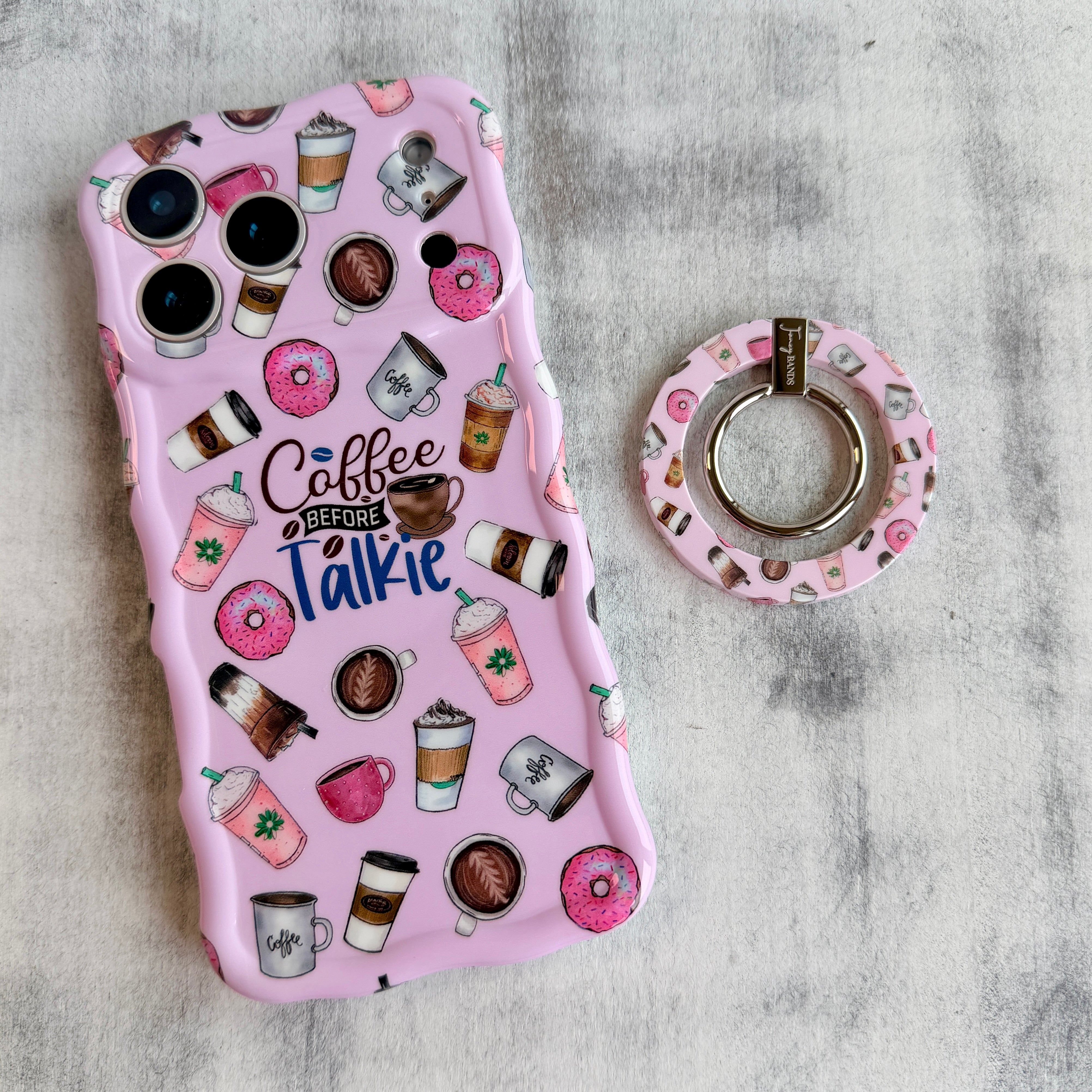 Coffee Before Talkie cafe themed MagSafe phone grip ring with coffee cups and donuts on pink background compatible with iPhone and Samsung