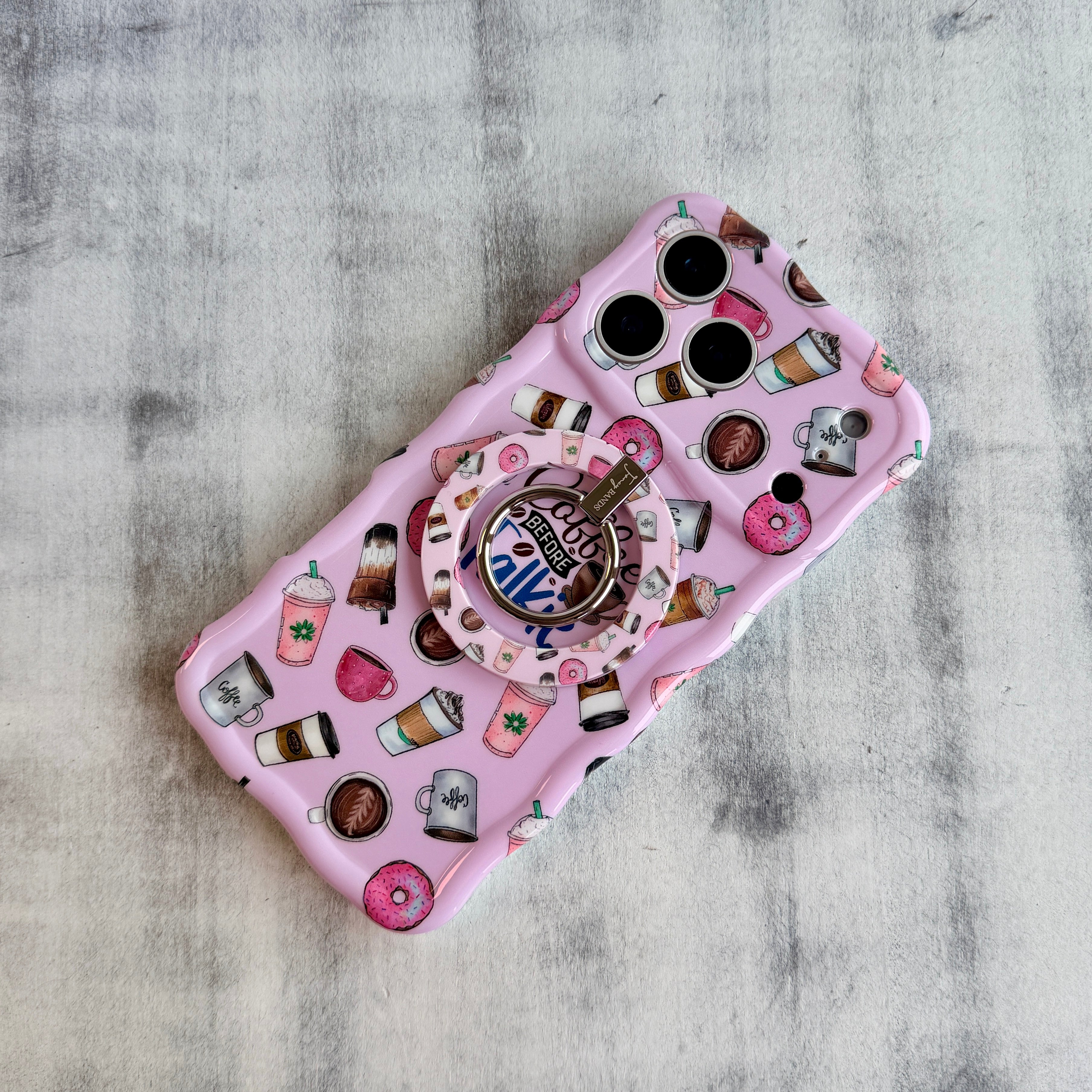 Coffee Before Talkie cafe themed MagSafe phone grip ring with coffee cups and donuts on pink background compatible with iPhone and Samsung