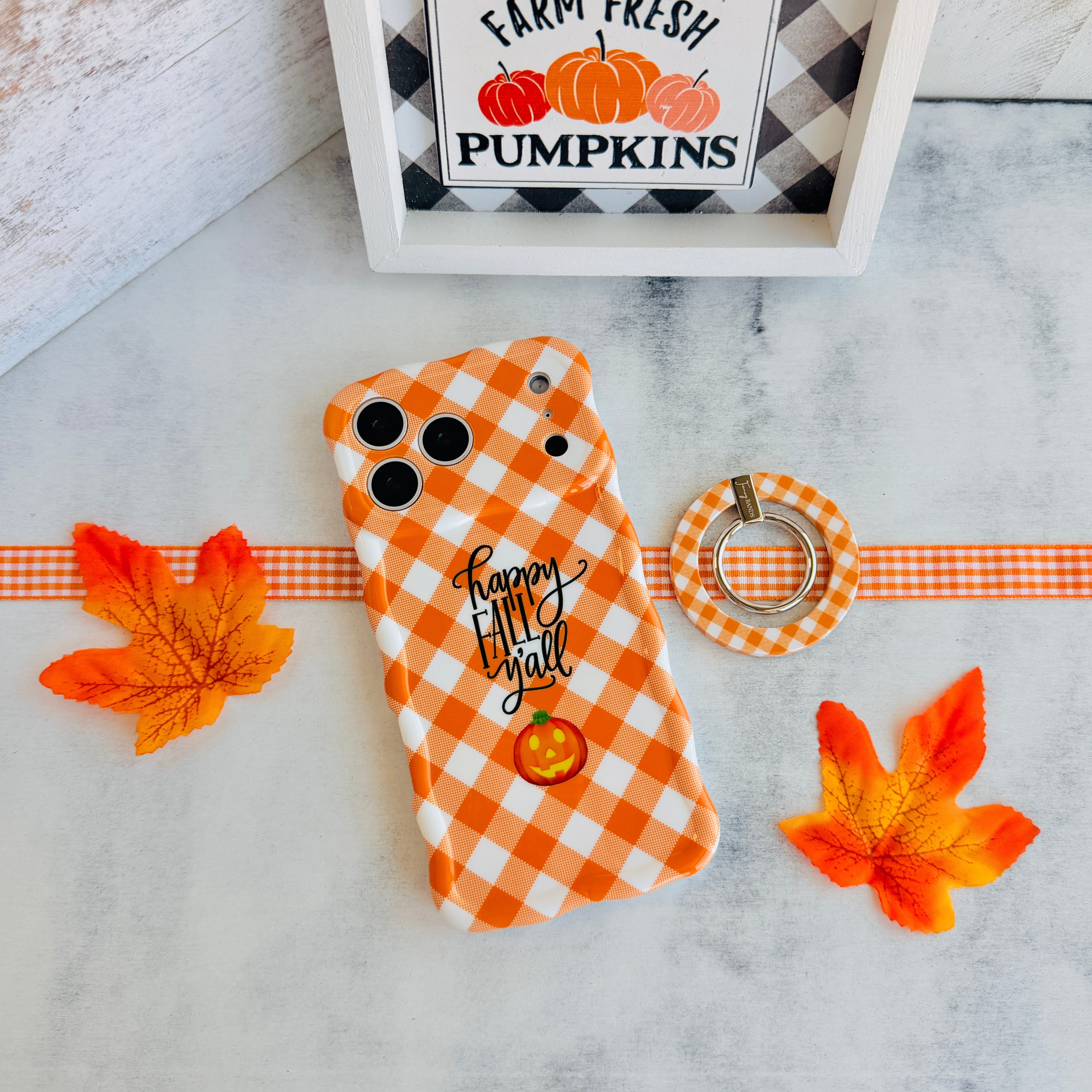 Happy Fall Y'all Hold It Fancy MagSafe grip ring with an orange gingham and pumpkin print from Fancy Bands