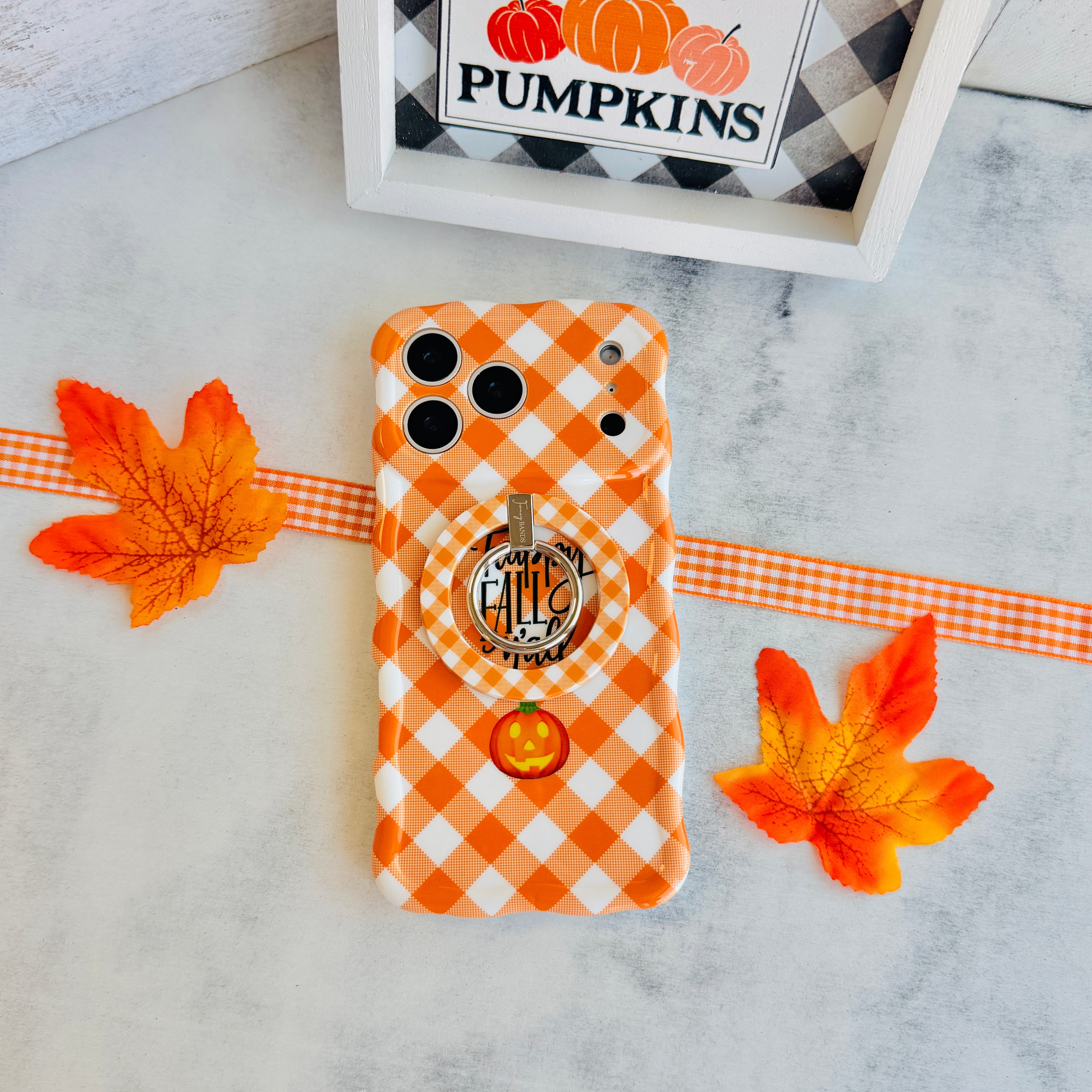 Happy Fall Y'all Hold It Fancy MagSafe grip ring with an orange gingham and pumpkin print from Fancy Bands