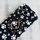 Black Paw Print pattern MagSafe phone grip ring with white paws on black background compatible with iPhone and Samsung