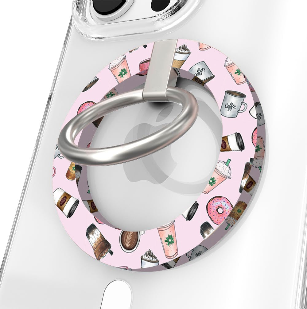 Coffee Before Talkie cafe themed MagSafe phone grip ring with coffee cups and donuts on pink background compatible with iPhone and Samsung