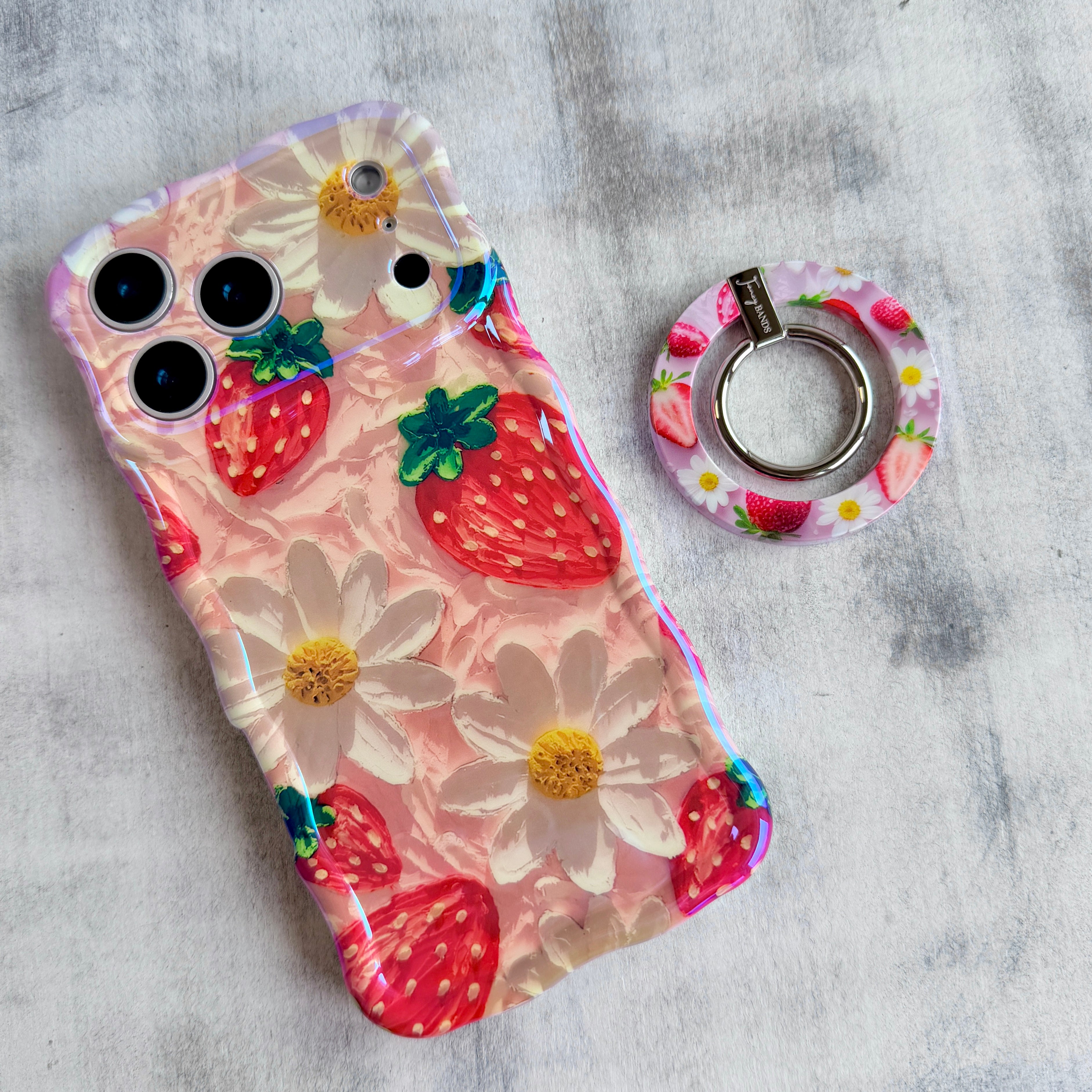 Berry Cute Blooms strawberry and daisy pattern MagSafe phone grip ring on pink background compatible with iPhone and Samsung