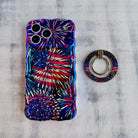 USA Fireworks patriotic pattern MagSafe phone grip ring with red white and blue fireworks on black background compatible with iPhone and Samsung