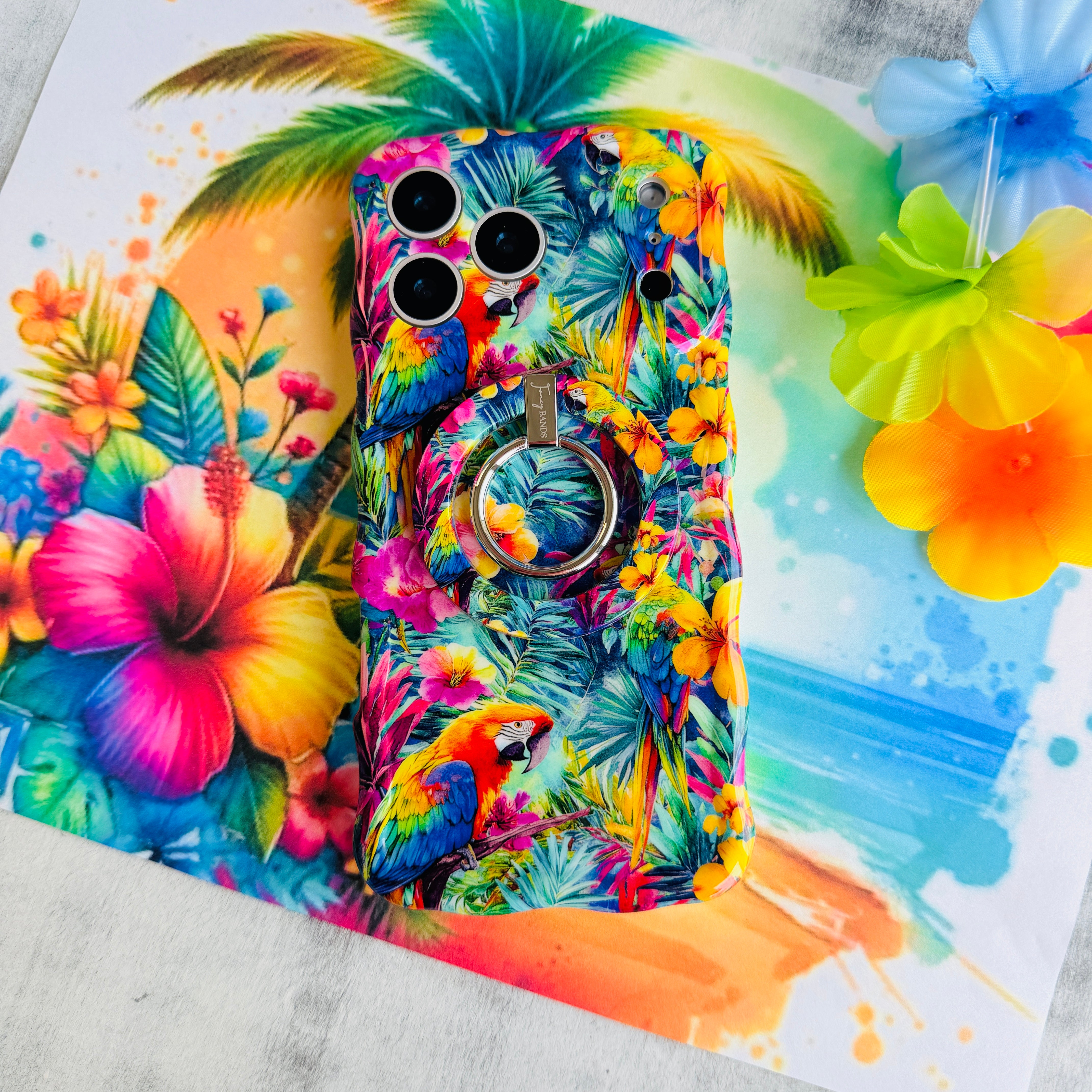 Parrot Paradise tropical pattern MagSafe phone grip ring with colorful parrots and hibiscus flowers compatible with iPhone and Samsung