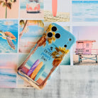 Trendy wavy iPhone case featuring a beach scene with palm trees, surfboards, and "sweet summer time" text with a high-gloss finish.