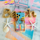 Trendy wavy iPhone case featuring a beach scene with palm trees, surfboards, and "sweet summer time" text with a high-gloss finish.