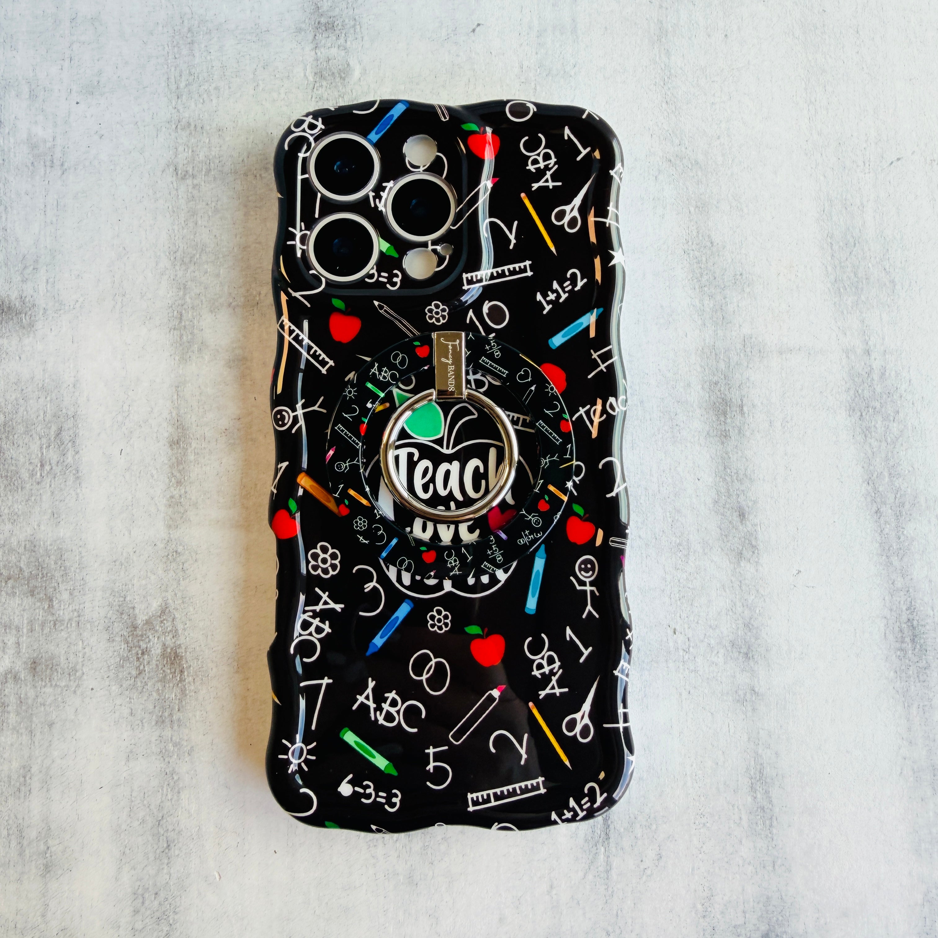 Teach Love Inspire school chalkboard pattern MagSafe phone grip ring with apples rulers and pencils compatible with iPhone and Samsung