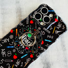 Teach Love Inspire school chalkboard pattern MagSafe phone grip ring with apples rulers and pencils compatible with iPhone and Samsung