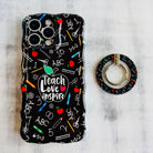 Teach Love Inspire school chalkboard pattern MagSafe phone grip ring with apples rulers and pencils compatible with iPhone and Samsung