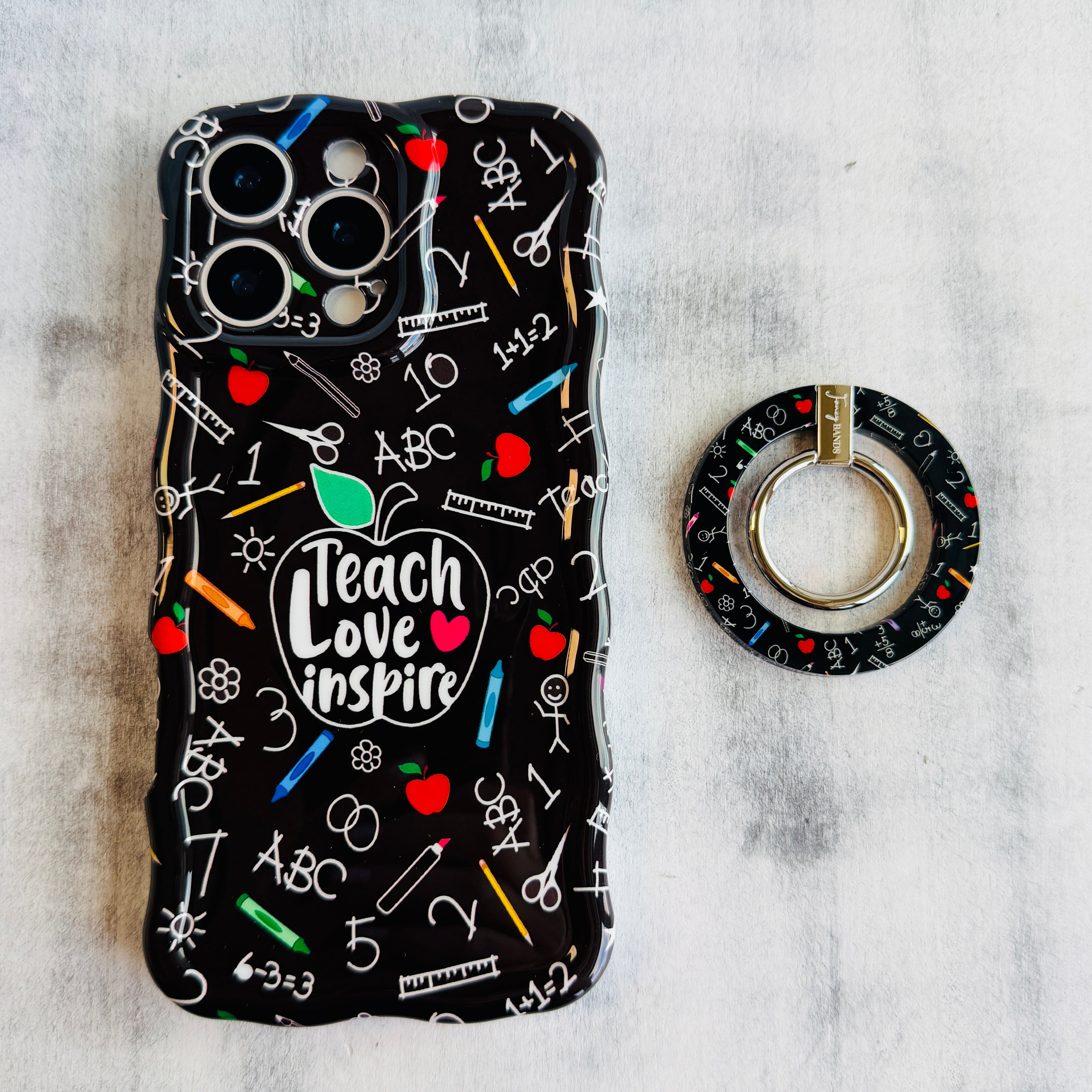 Teach Love Inspire school chalkboard pattern MagSafe phone grip ring with apples rulers and pencils compatible with iPhone and Samsung