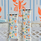 Coastal Catch Apple Watch band with orange lobsters, blue crabs, and yellow lemons on gray background with starfish decorations
