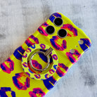 Lip Pop pattern MagSafe phone grip ring with neon pink and purple lip prints on bright yellow background compatible with iPhone and Samsung