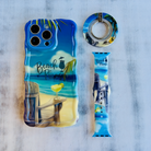 Beach Please bundle featuring a tropical [describe pattern, e.g., teal water and palm tree] wavy iPhone case, matching silicone Apple Watch band, and phone ring grip arranged together.