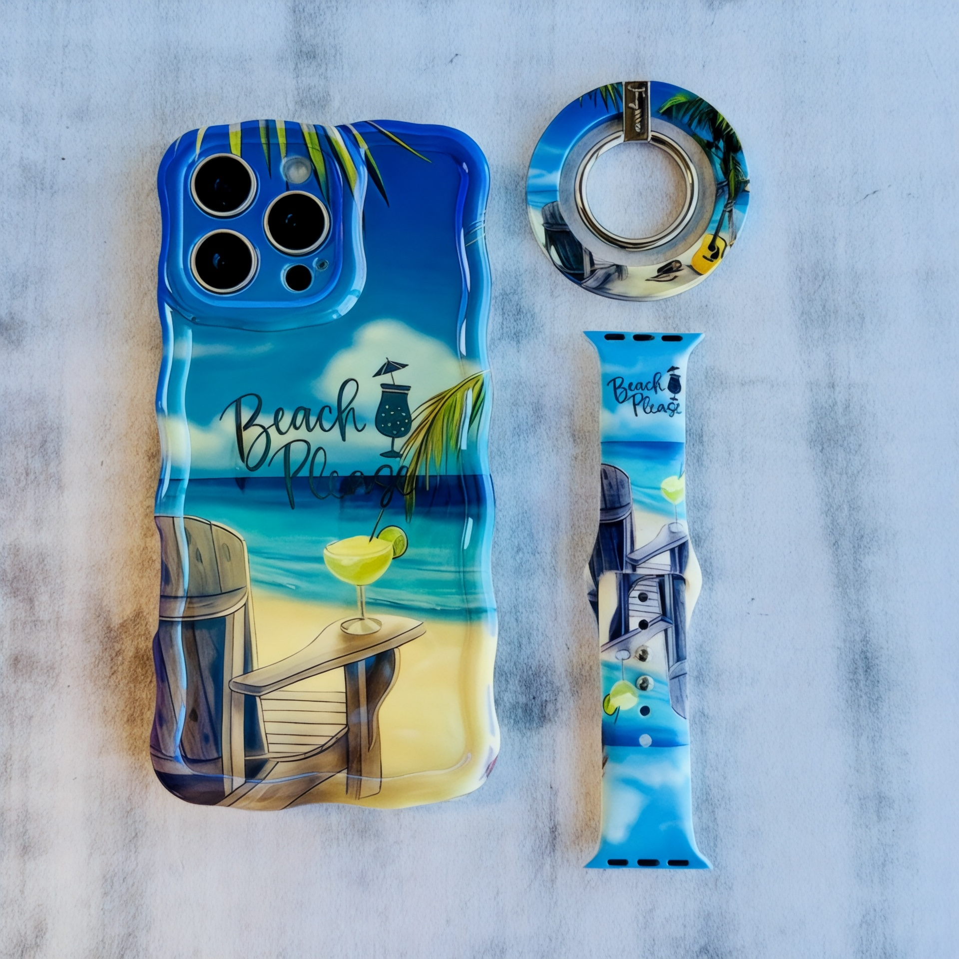 Beach Please bundle featuring a tropical [describe pattern, e.g., teal water and palm tree] wavy iPhone case, matching silicone Apple Watch band, and phone ring grip arranged together.
