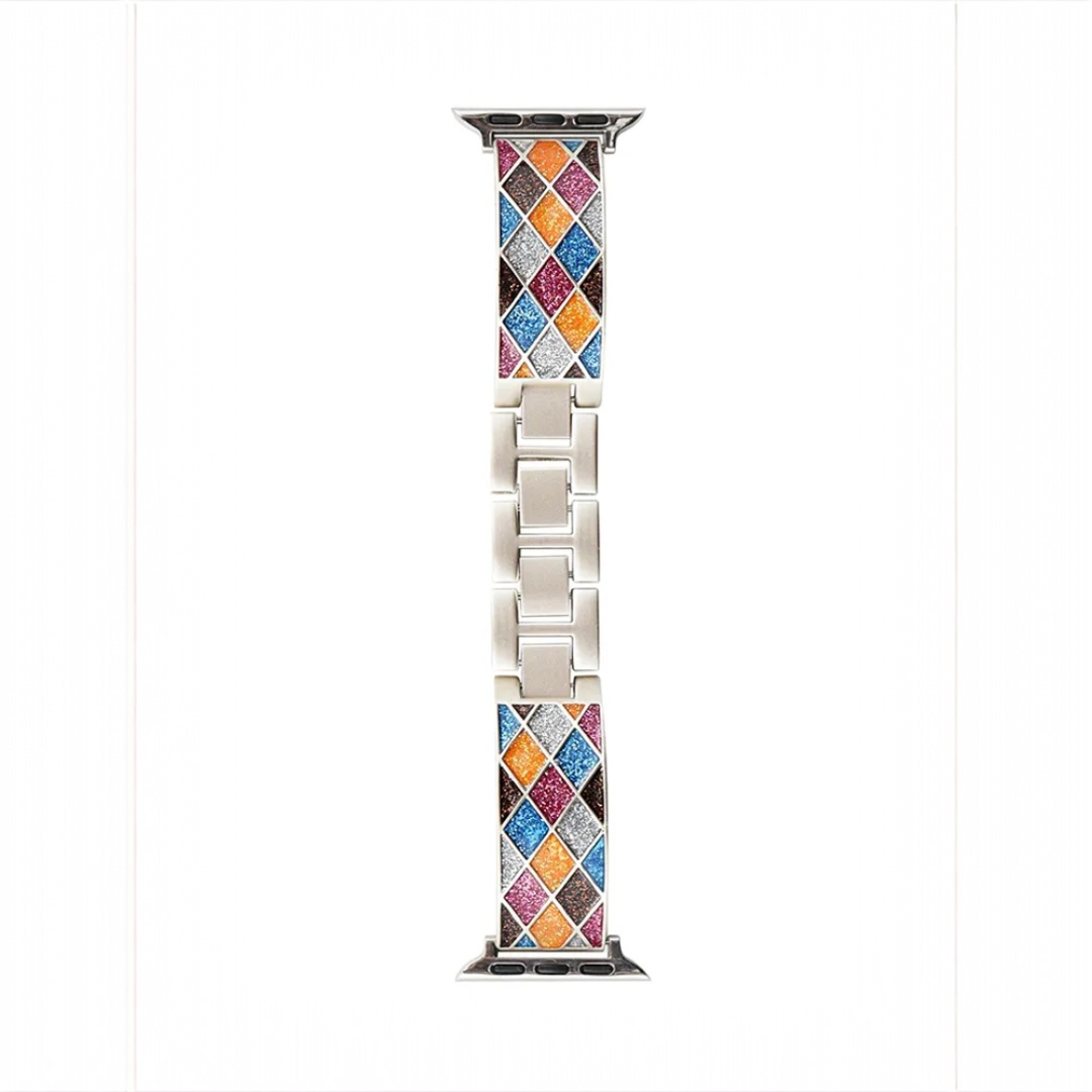 Mosaic Glow stainless steel Apple Watch band with multicolor glitter mosaic inlay in blue, pink, orange, and gold