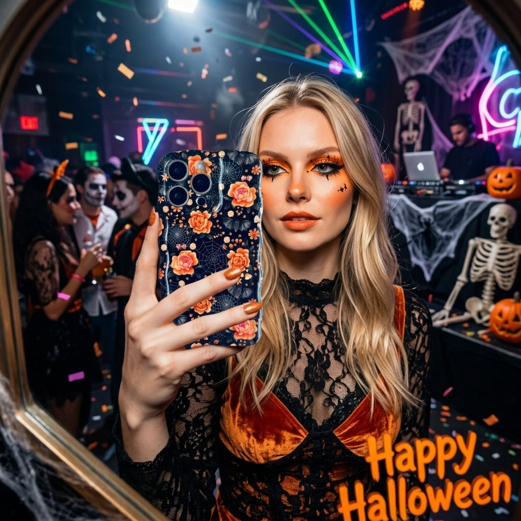 Woman holding the black Haunted Blossoms Wavy Luxe MagSafe iPhone case at a neon-lit Halloween party beside a Happy Halloween sign.