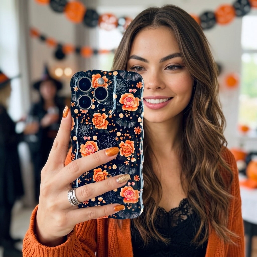 Woman holding the black Haunted Blossoms Wavy Luxe MagSafe iPhone case indoors with orange and black Halloween garland behind her.