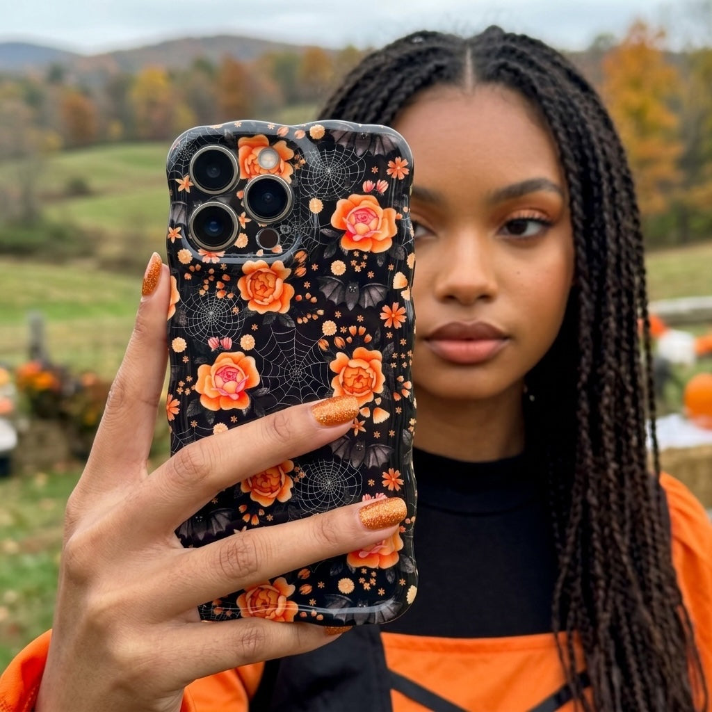 Woman holding the Haunted Blossoms Wavy Luxe MagSafe iPhone case outdoors in an autumn field, showing the coral roses on black.