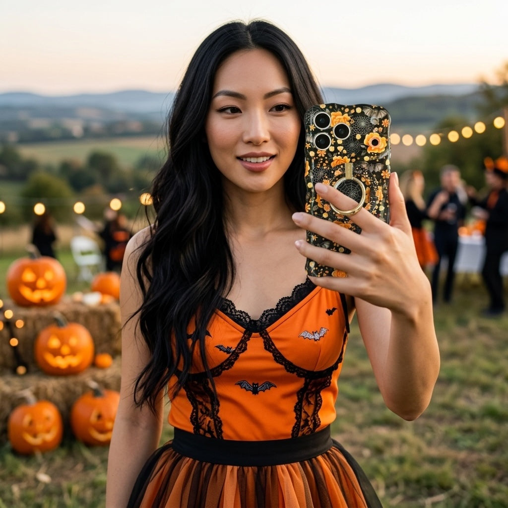 Woman holding the Haunted Blossoms case with the matching grip ring attached at a pumpkin patch at dusk.