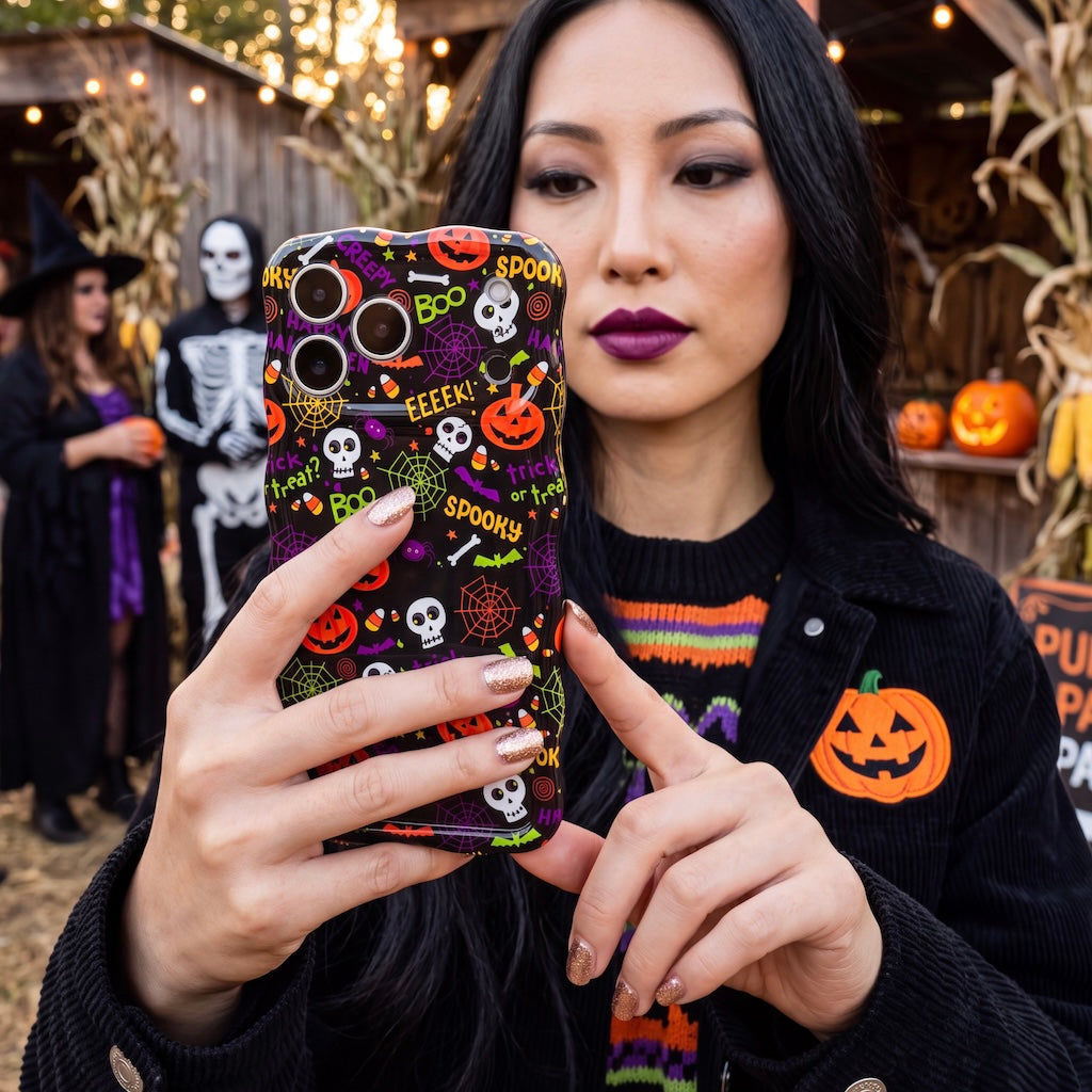 Woman holding the Spooky Wavy Luxe MagSafe iPhone case at an outdoor Halloween party with costumed guests behind her.