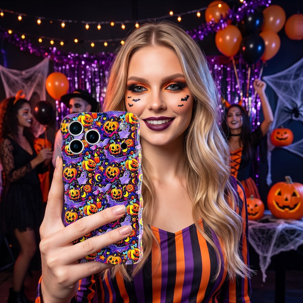 Woman holding the Jack-O-Lantern Jive Wavy Luxe MagSafe iPhone case at a Halloween party with balloons and purple tinsel.