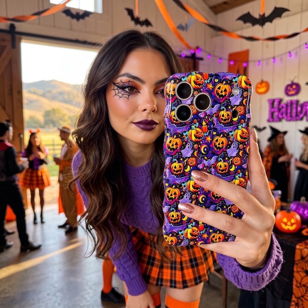Woman holding the Jack-O-Lantern Jive Wavy Luxe MagSafe iPhone case in a barn decorated with bats and Halloween banners.
