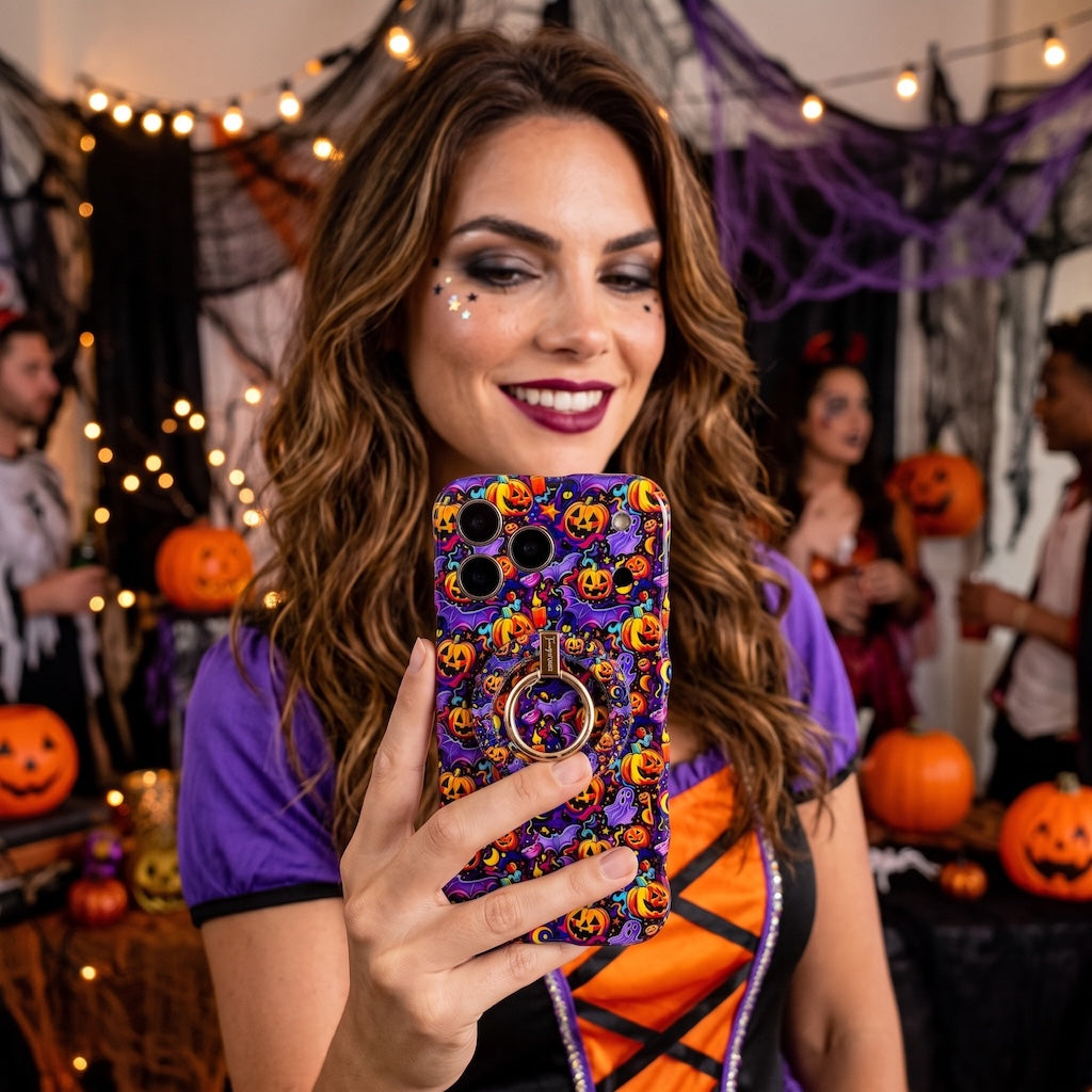 Woman holding the Jack-O-Lantern Jive Wavy Luxe MagSafe iPhone case with the matching grip ring attached at a Halloween party.