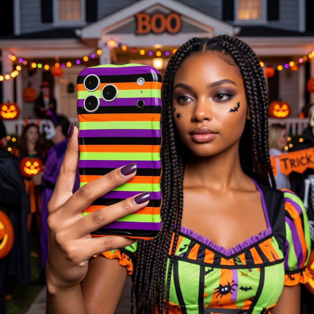 Woman holding the striped Main Witch Energy Wavy Luxe MagSafe iPhone case outside a house decorated with a BOO banner.