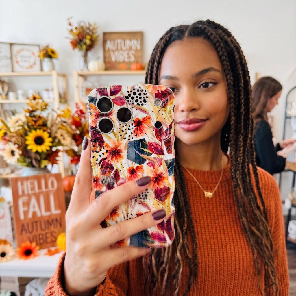 Woman holding the Sienna Petals MagSafe iPhone case in a shop with Hello Fall and Autumn Vibes signage and sunflower arrangements.
