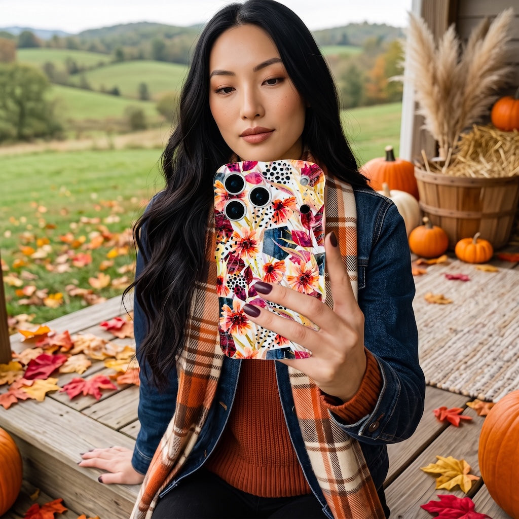 Woman in a plaid scarf holding the Sienna Petals MagSafe iPhone case on a countryside porch with pumpkins and fallen autumn leaves.
