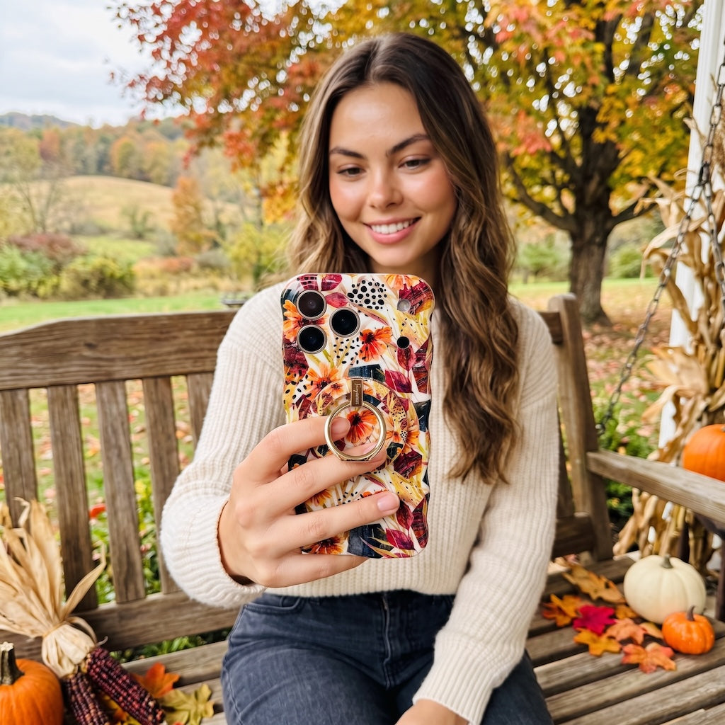 Woman seated on a bench in autumn woods holding the Sienna Petals rust floral MagSafe iPhone case, surrounded by pumpkins and turning leaves.
