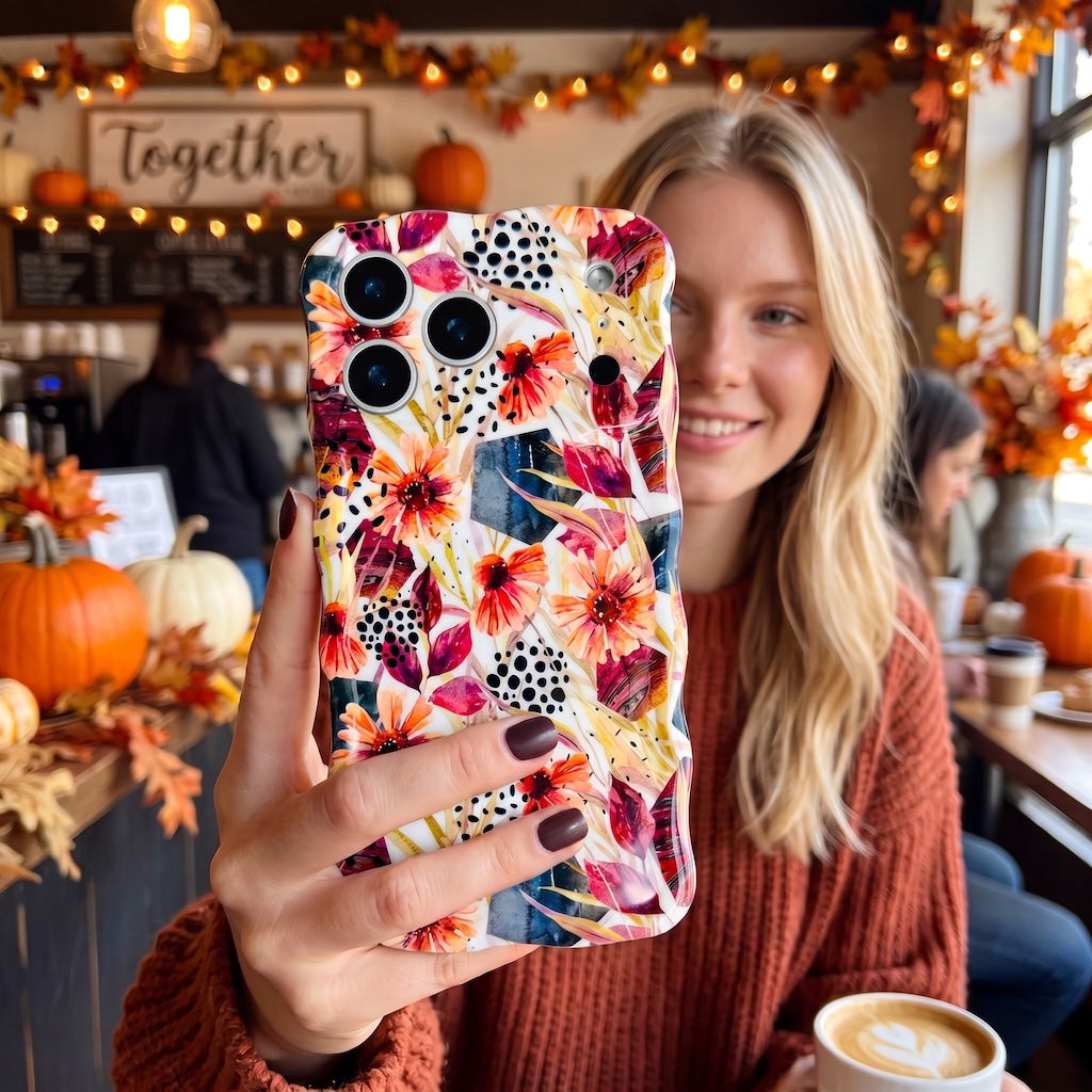 Woman holding the Sienna Petals Wavy Luxe MagSafe iPhone case in a coffee shop decorated for autumn, cream case with burnt orange watercolor flowers.