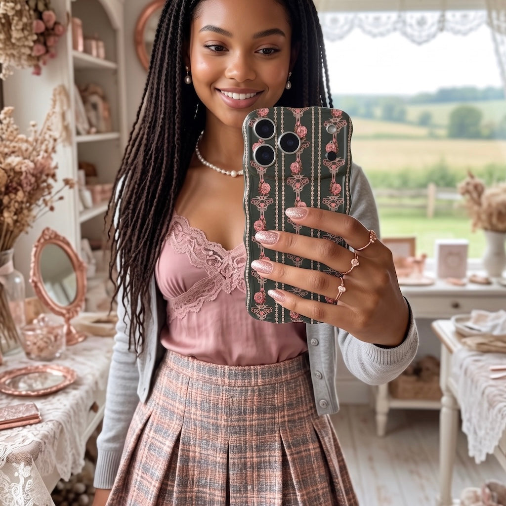 Woman in a pink cami, plaid skirt and pearl necklace holding the Pretty Little Details pearl and rose iPhone case in a pastel vanity room.