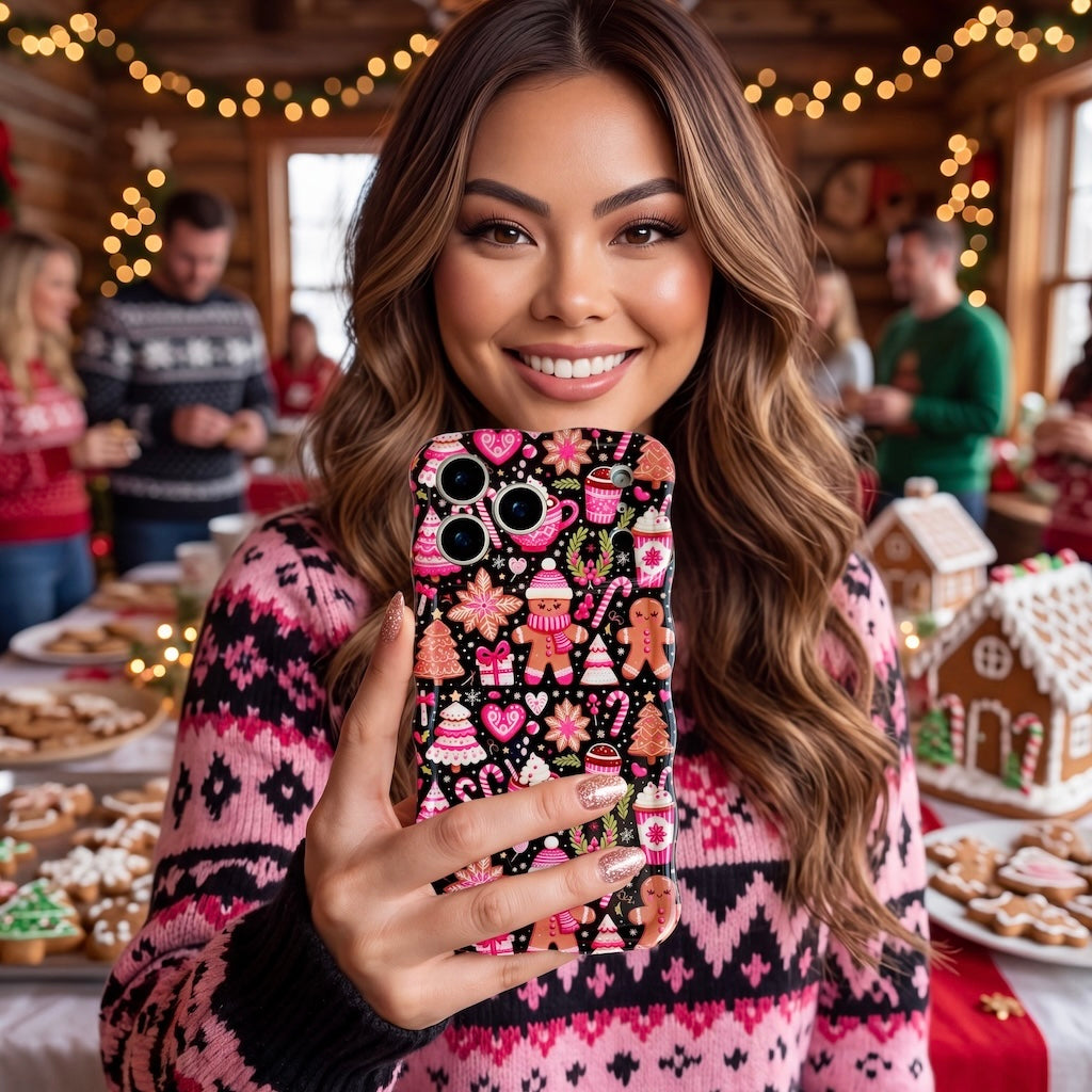 Woman in a pink Fair Isle sweater at a gingerbread party holding her Merry Mugs & Ginger Hugs MagSafe iPhone case