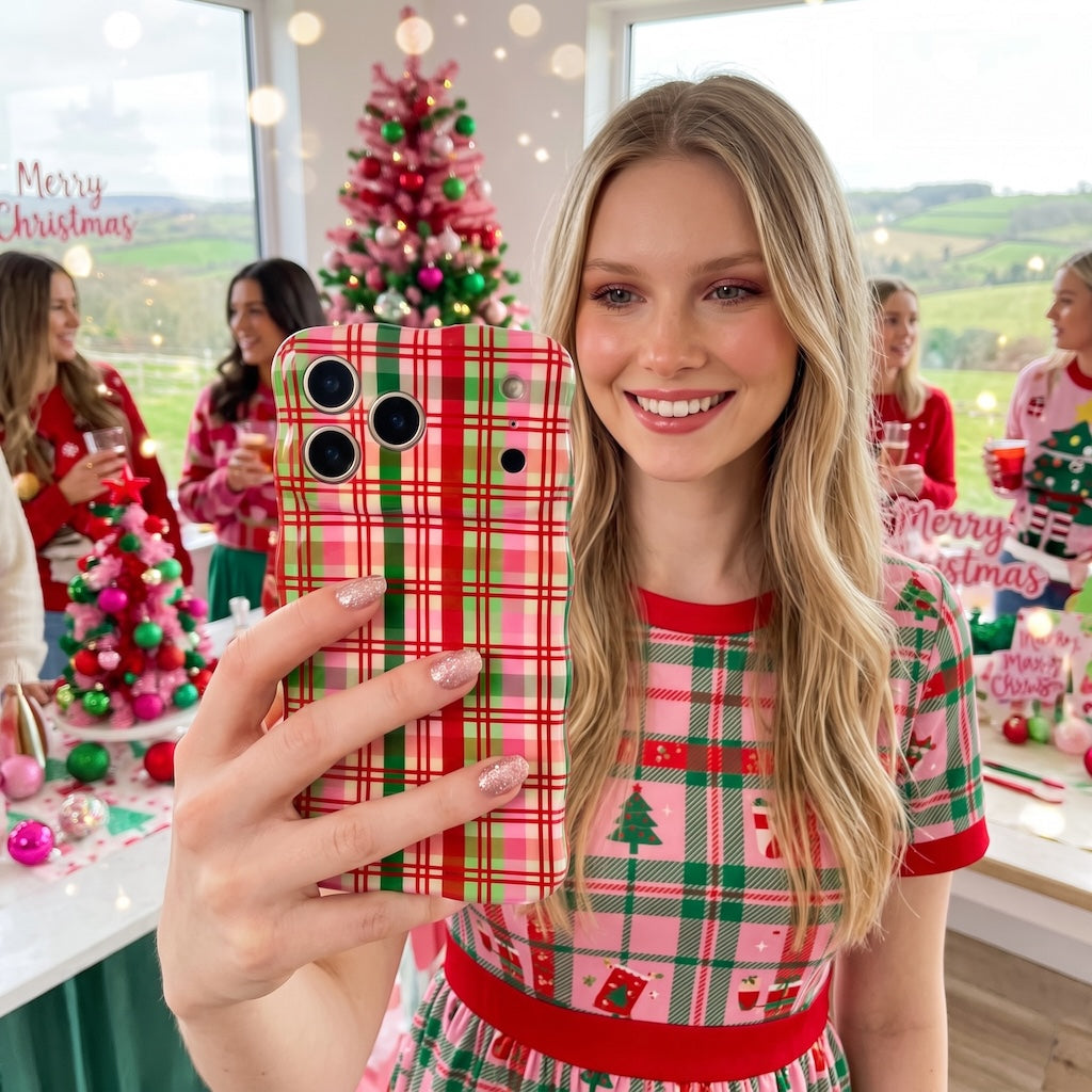 Smiling blonde woman in a pink plaid Christmas dress taking a selfie with her Merry Little Plaid iPhone case at a holiday party
