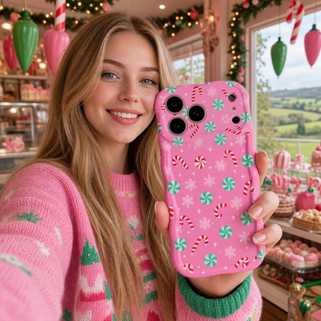 Smiling blonde woman in a pink Christmas sweater holding up her Peppermint Cutie iPhone case in a candy shop