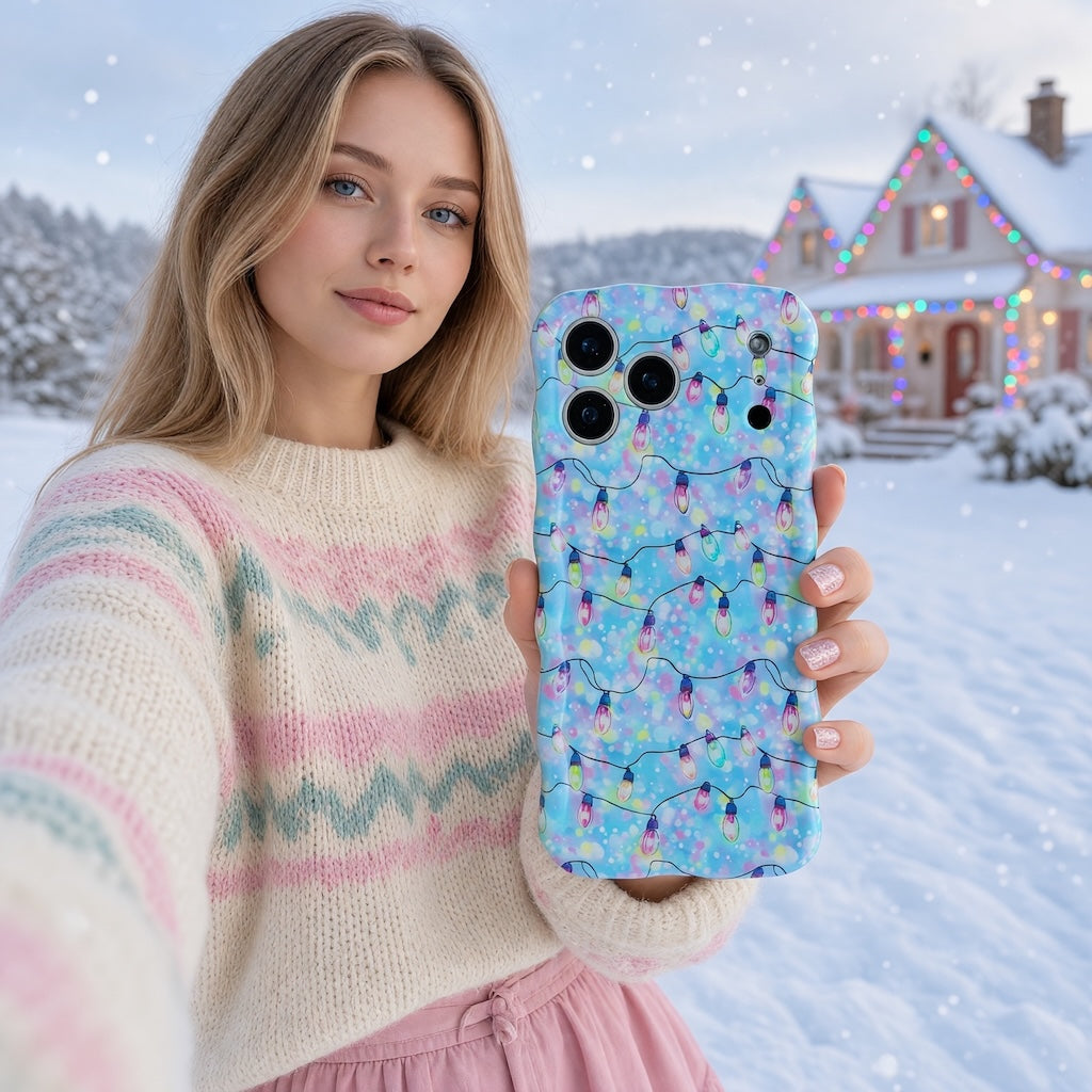 Woman in a cream Fair Isle sweater showing the Twinkle All The Way Christmas lights iPhone case in the snow