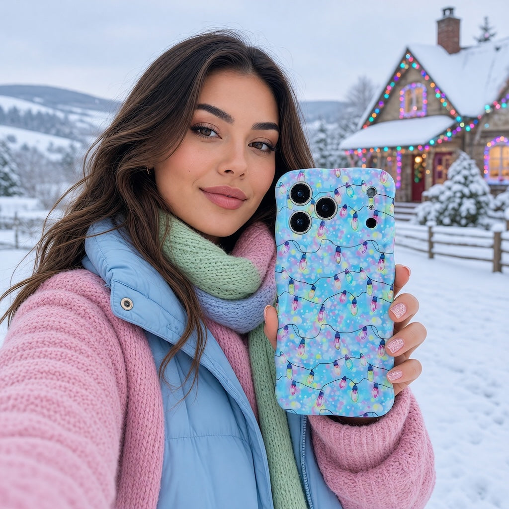 Woman in a pink cardigan, blue puffer vest and mint scarf holding the Twinkle All The Way iPhone case in a snowy village