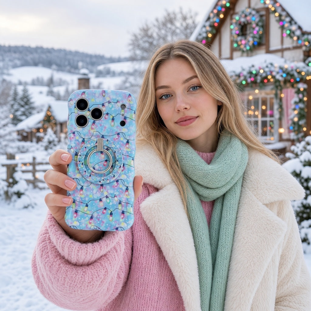 Woman in a pink coat and mint scarf holding the Twinkle All The Way iPhone case with matching grip ring outside a lit-up snowy house
