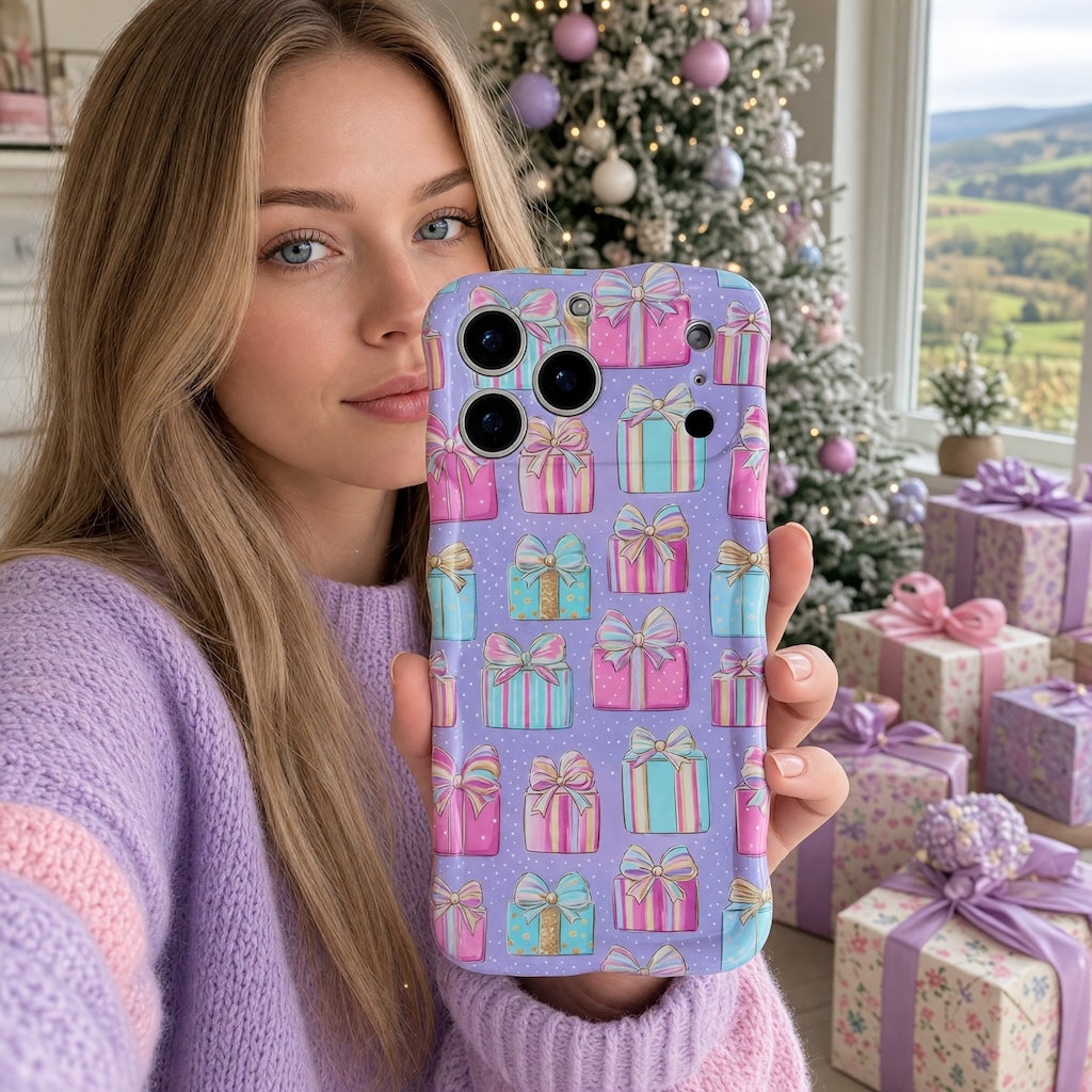 Woman in a lavender sweater holding the No Peeking, Darling iPhone case beside a pastel pink Christmas tree and wrapped presents