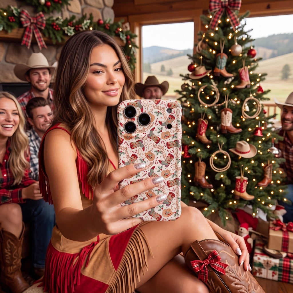 Woman in a red fringe dress and cowboy boots holding the Boot Scootin' Christmas iPhone case by a cowboy-themed Christmas tree in a log cabin