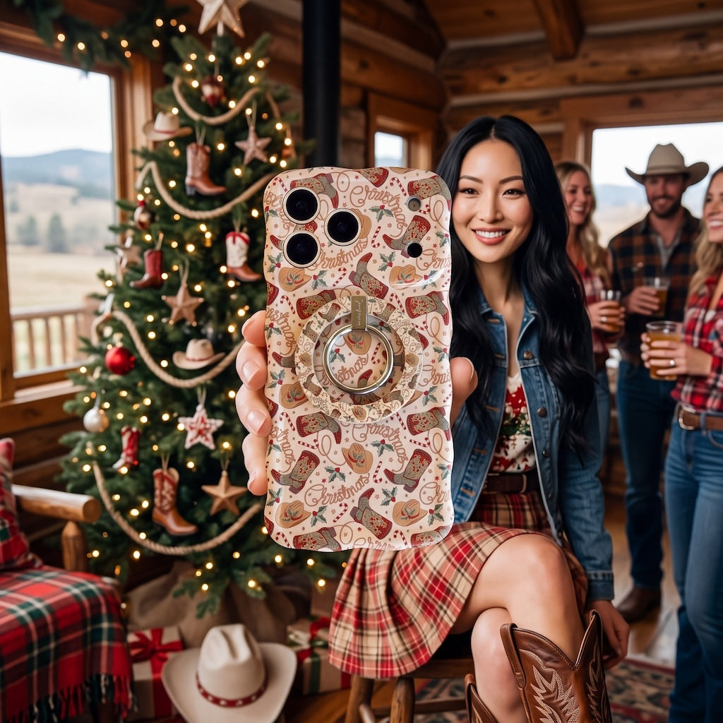 Woman in a denim jacket and plaid skirt holding the Boot Scootin' Christmas iPhone case with matching grip ring at a cabin Christmas party