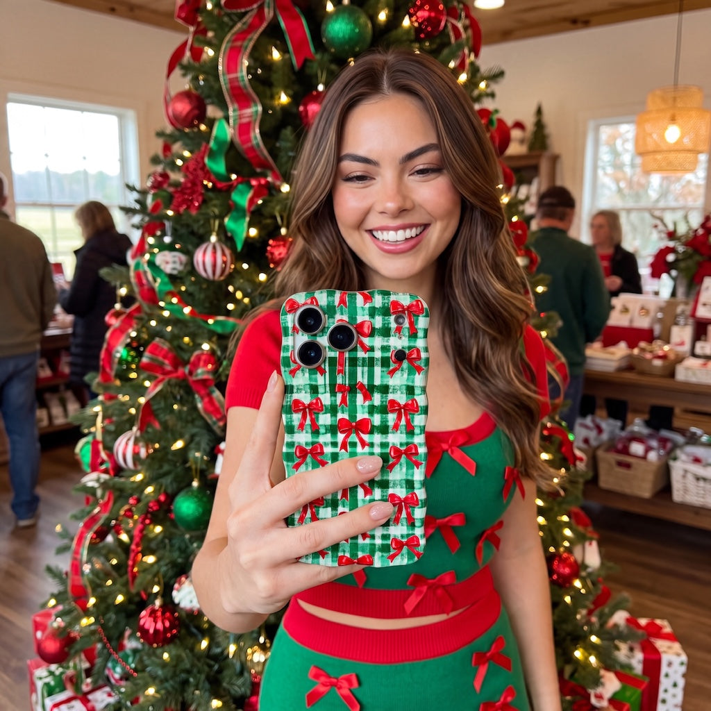 Woman in a red and green bow outfit holding the Plaid Tidings & Bows iPhone case in front of a Christmas tree at a holiday shop