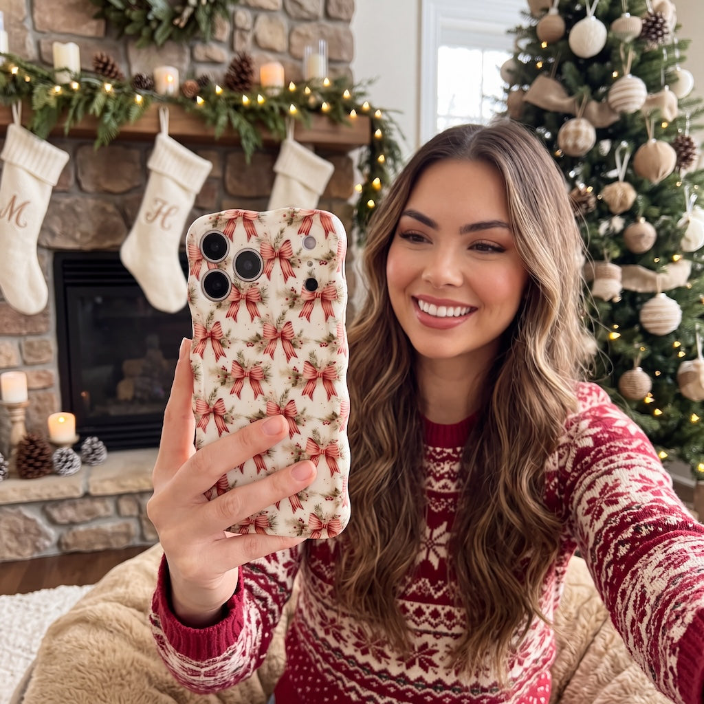 Woman in a red Fair Isle sweater taking a selfie with the Deck Yourself in Bows & Holly iPhone case by a stone fireplace hung with stockings