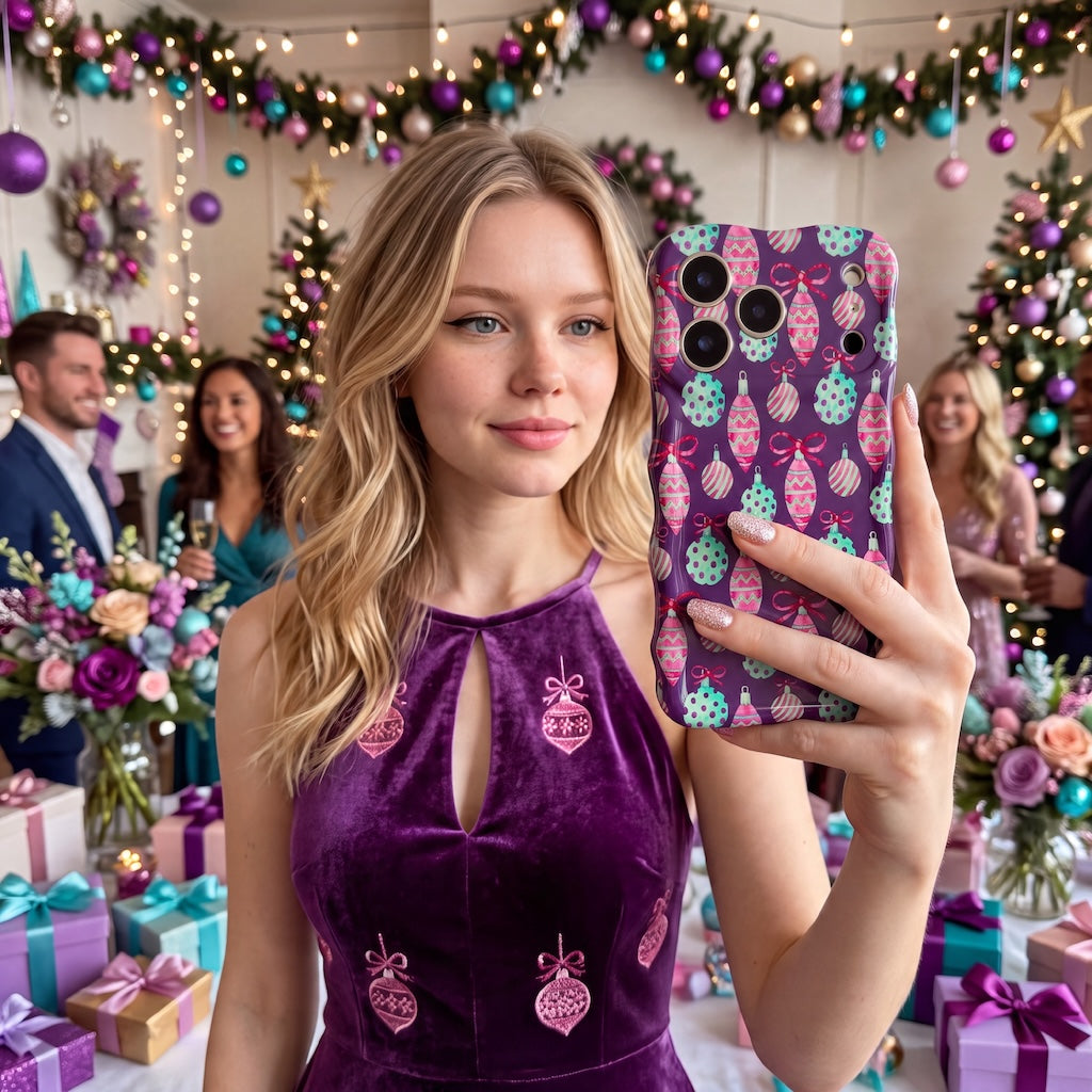 Woman in a plum velvet halter dress taking a selfie with the Just One More Ornament iPhone case at a pink and purple holiday party