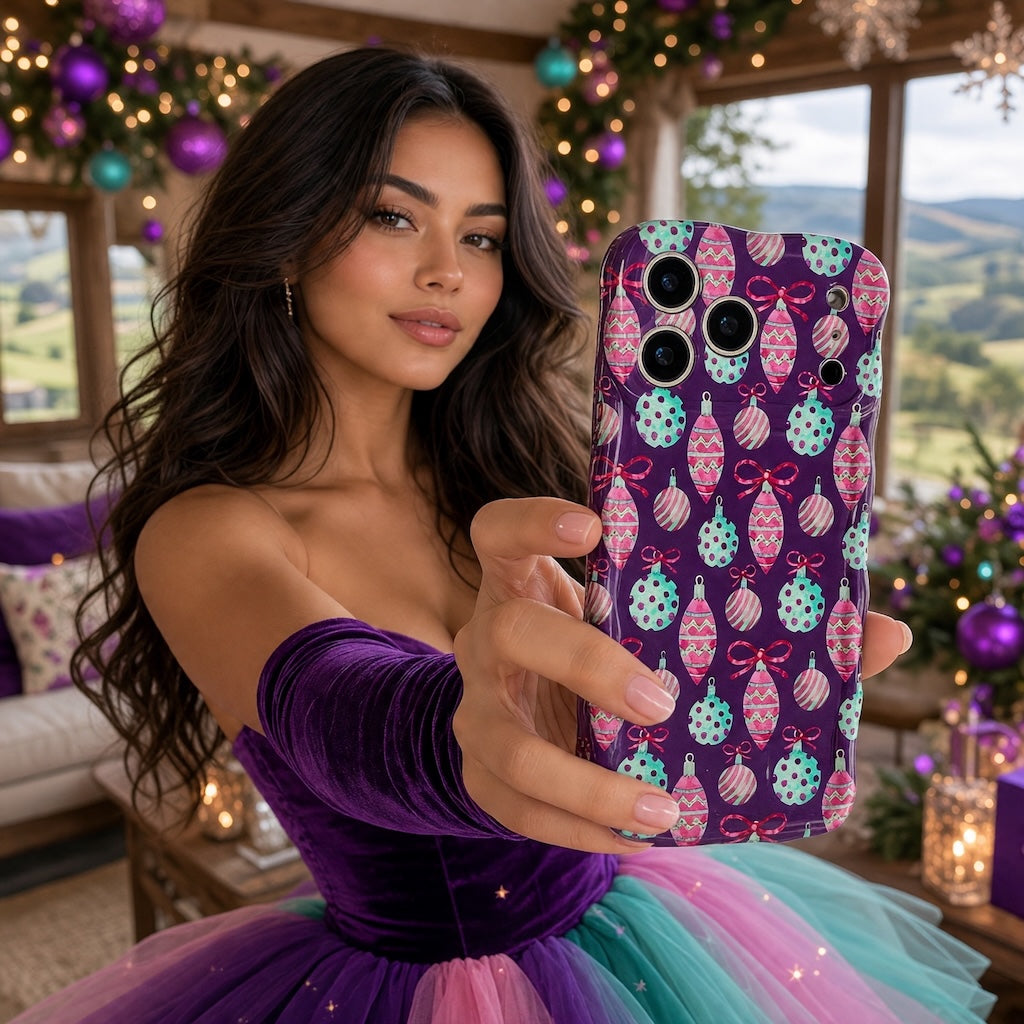 Woman in a purple velvet gown with a pink and aqua tulle skirt holding out the Just One More Ornament iPhone case in a room decorated for Christmas